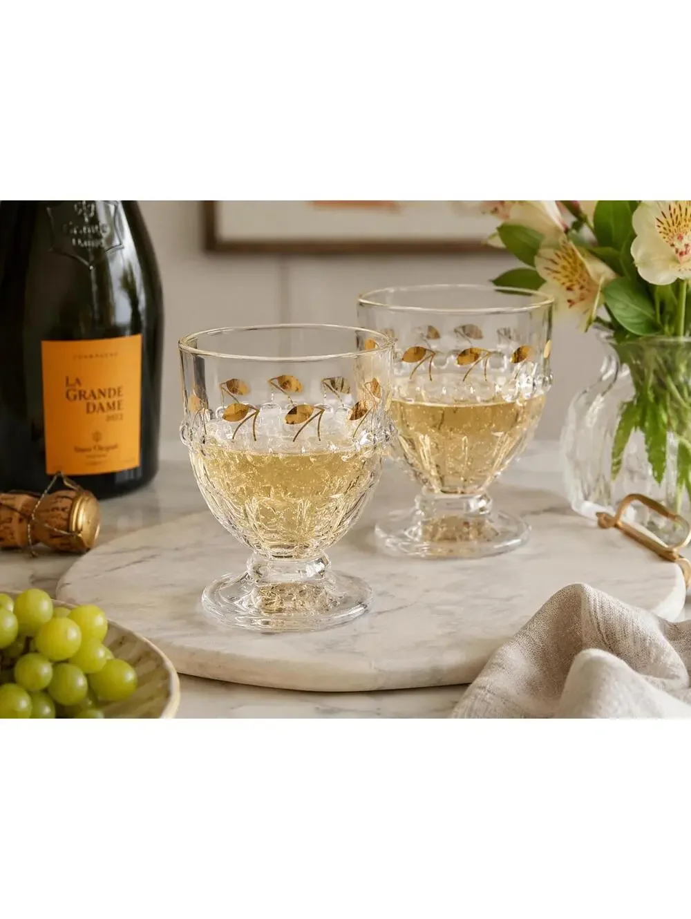 Anthropologie Clear Glass Pedestal Goblets Gold Leaf Pattern Set of 2
